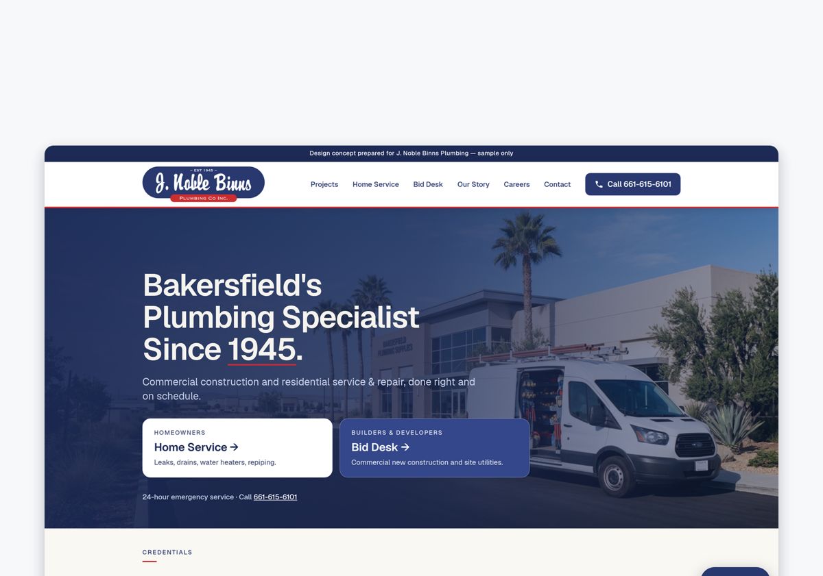 The redesign concept homepage with tap-to-call and separate paths for homeowners and builders