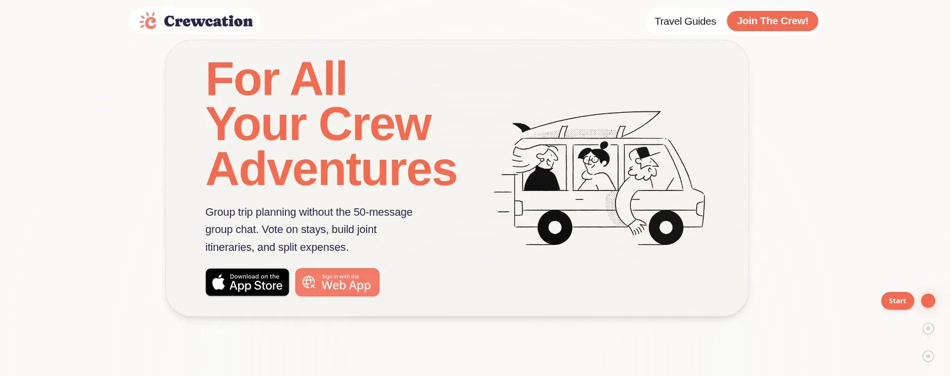 Crewcation website homepage hero on desktop, introducing group trip planning with the app