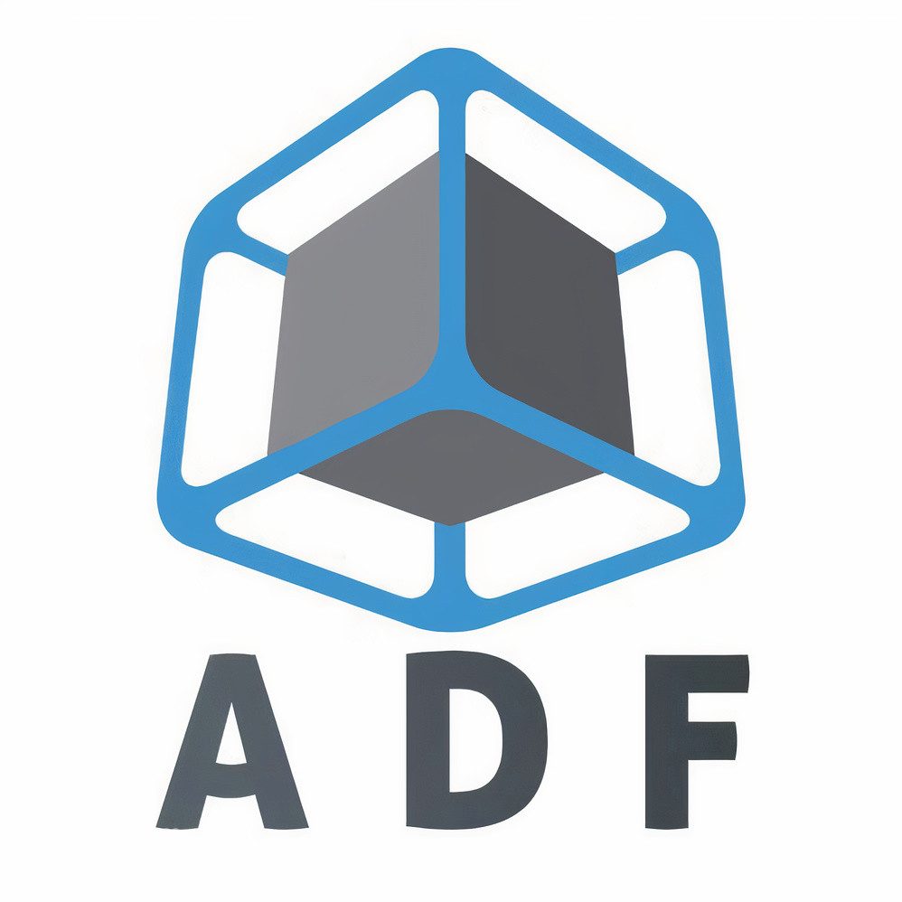 ADF logo: a dimensional geometric cube mark above the ADF lettering, on white