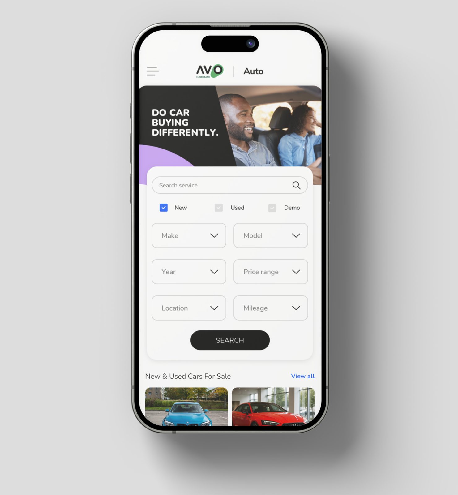 Avo Auto car search screen on an iPhone
